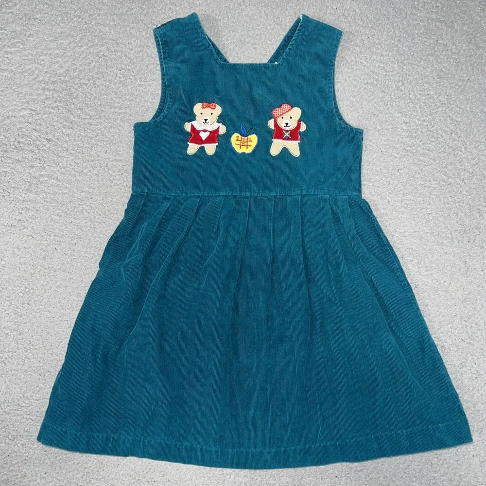 VTG Corduroy Jumper Dress Youth Sz 6X Green Embroidered Bear Made in Philippines